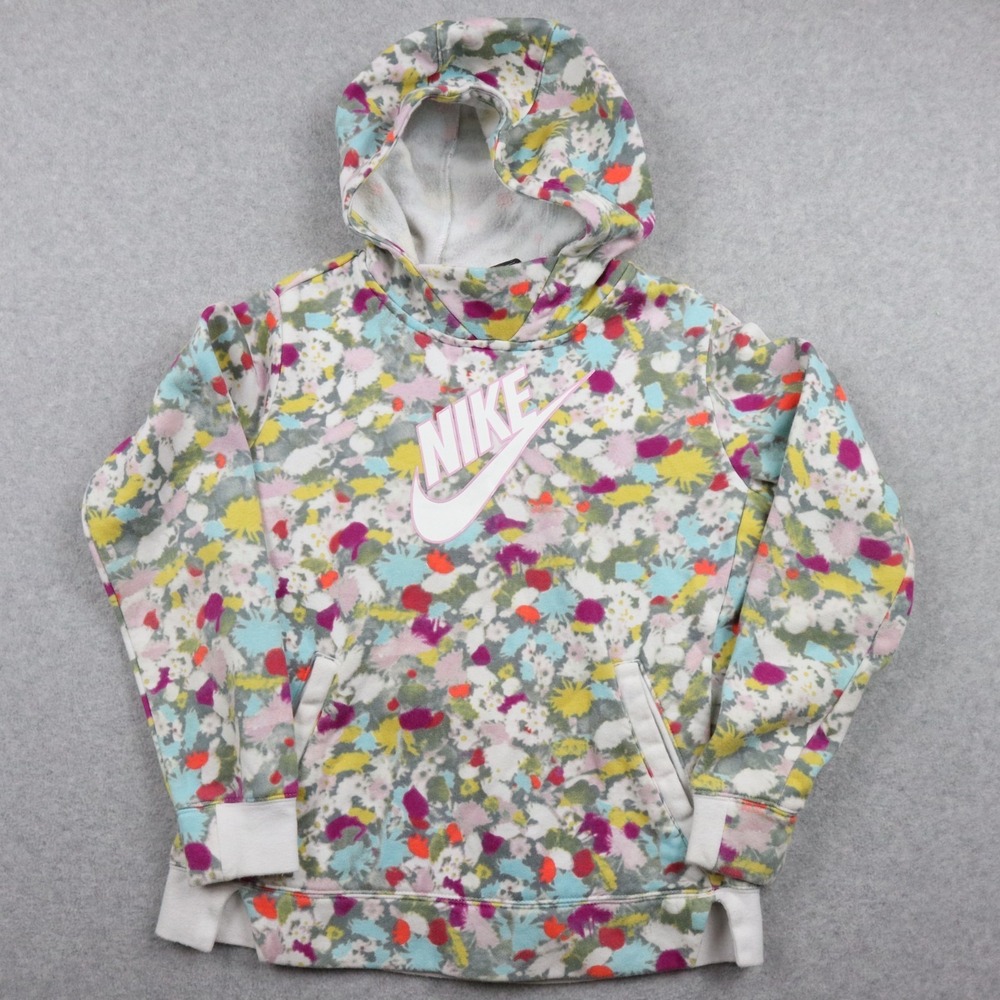 Nike Hoodie Girls Large Standard Fit Logo Sweatshirt Colorful Floral Long Sleeve